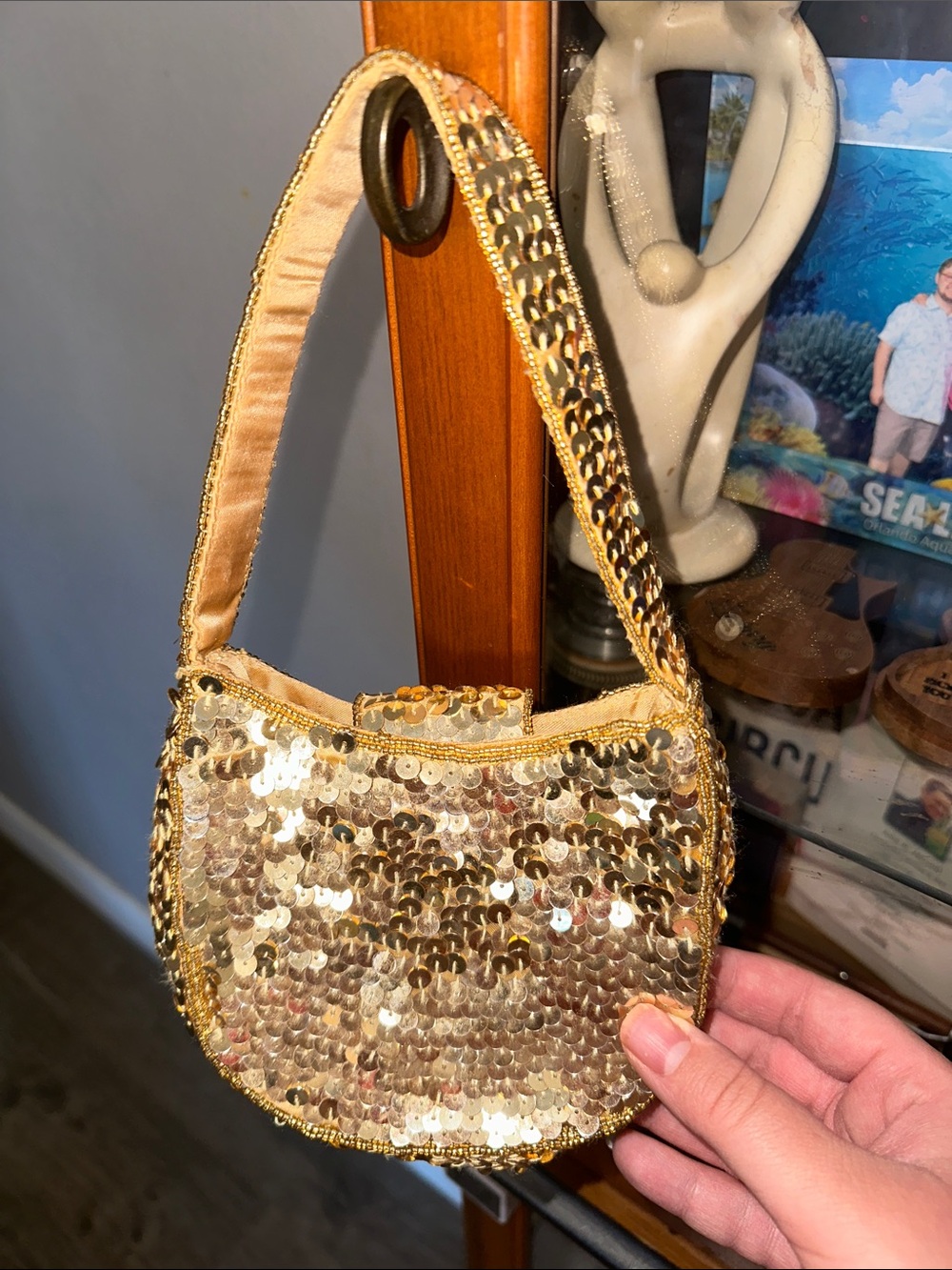 La Regale Vintage Gold Sequin Mini Shoulder Bag